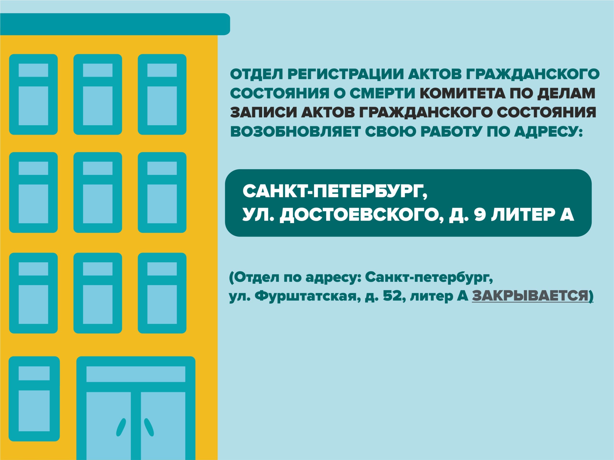 Отдел регистрации актов гражданского состояния о смерти возобновит прием  граждан в историческом здании на ул. Достоевского, д. 9 | Городская  поликлиника №72